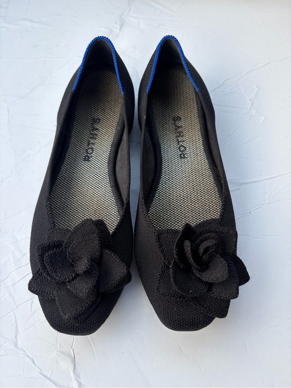 Rothy's Black Floral Knit Ballet Flats with Blue Trim